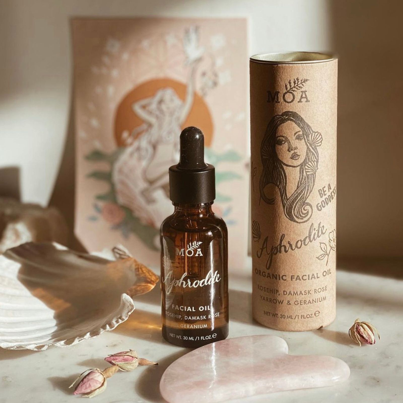 美容オイル ＆ 天然ローズクォーツ カッサ 】Aphrodite GUA SHA Gift